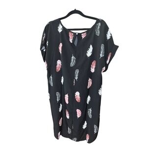 Black Feather Print Women's Shift Dress cover up Short‎ Sleeve XL summer Beach